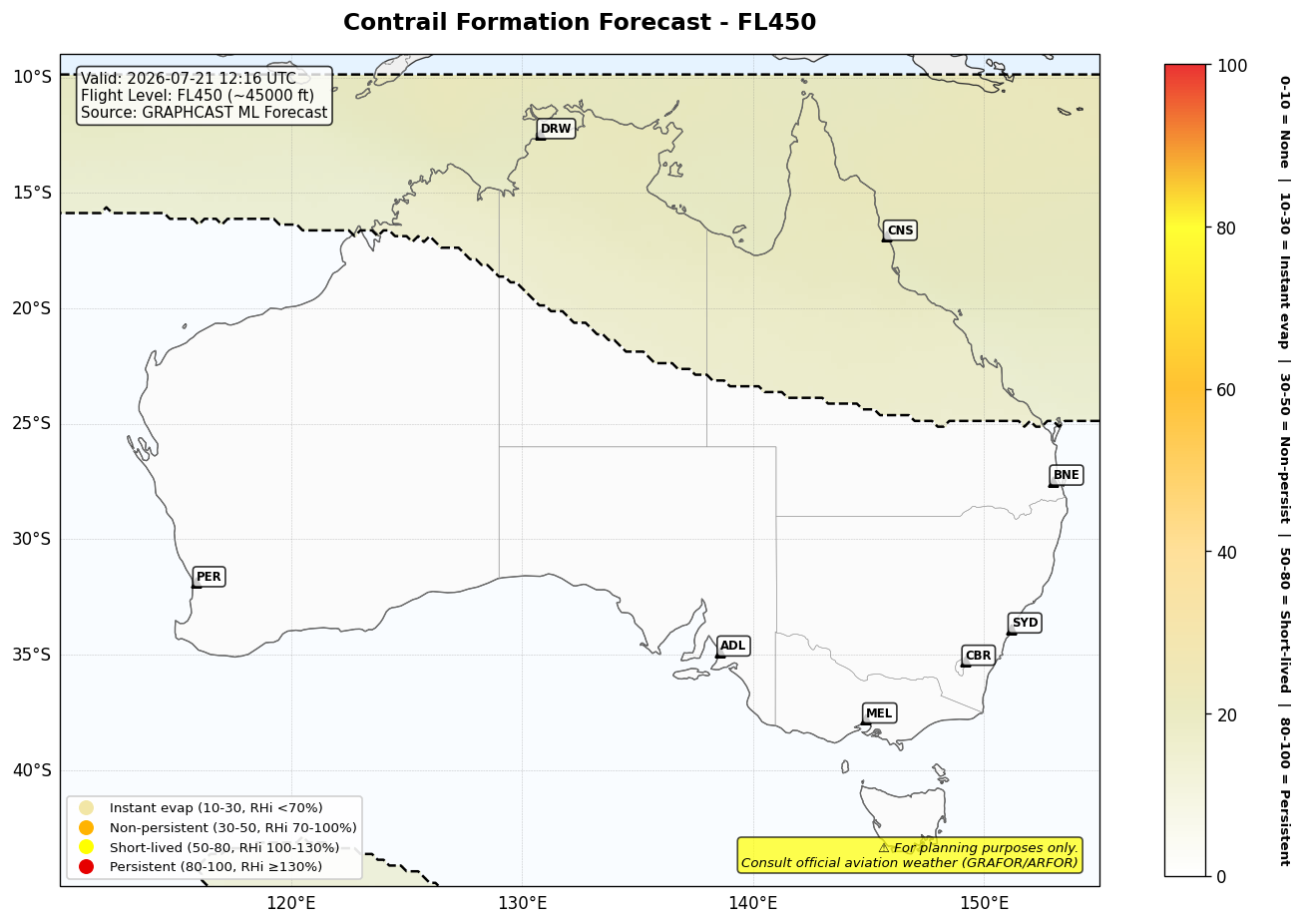 Contrail forecast for FL450 at 2026-07-21 12:16 UTC