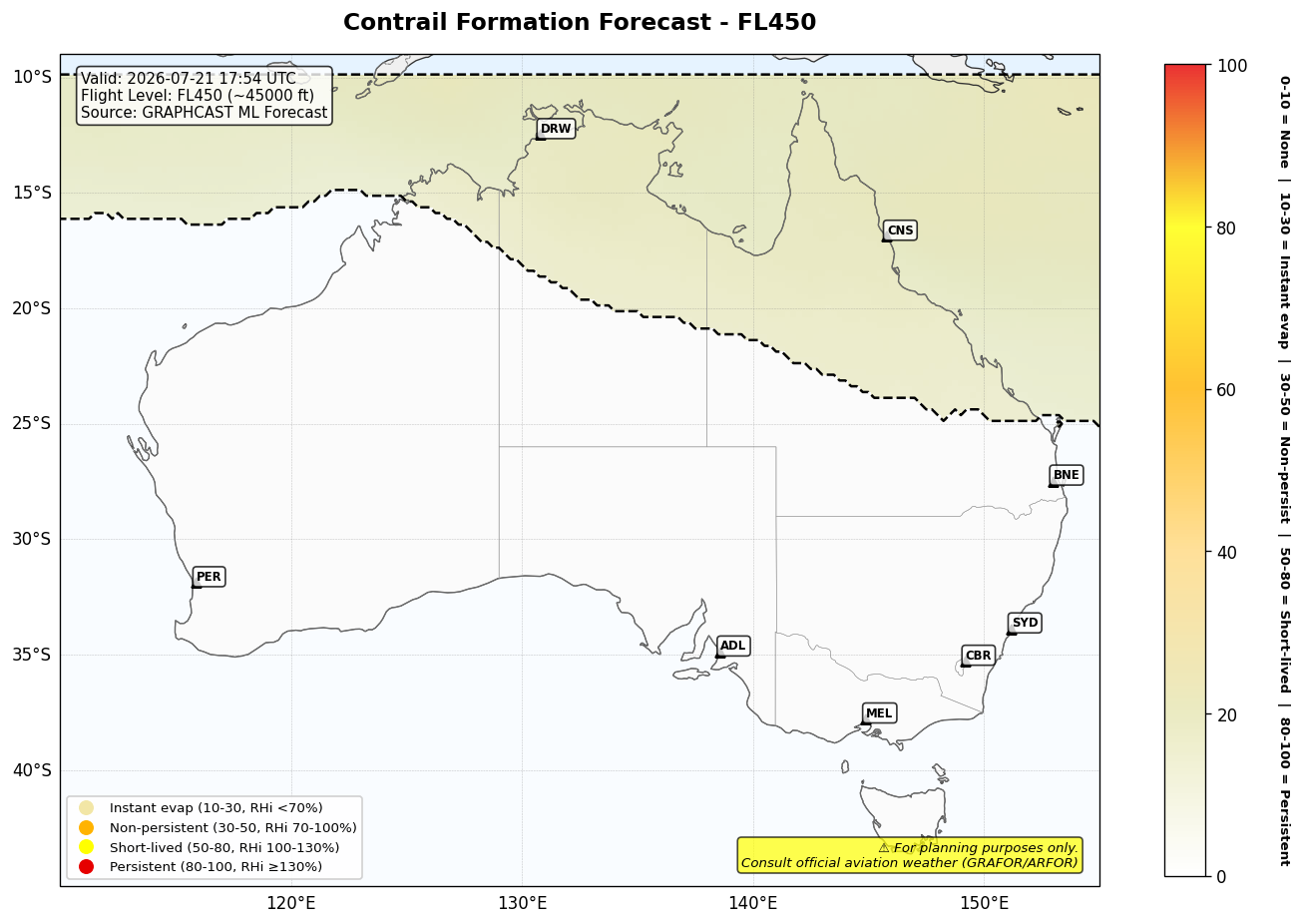 Contrail forecast for FL450 at 2026-07-21 17:54 UTC