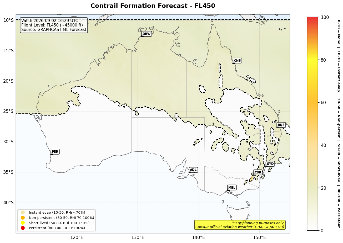 Contrail forecast for FL450 at 2026-09-02 16:29 UTC