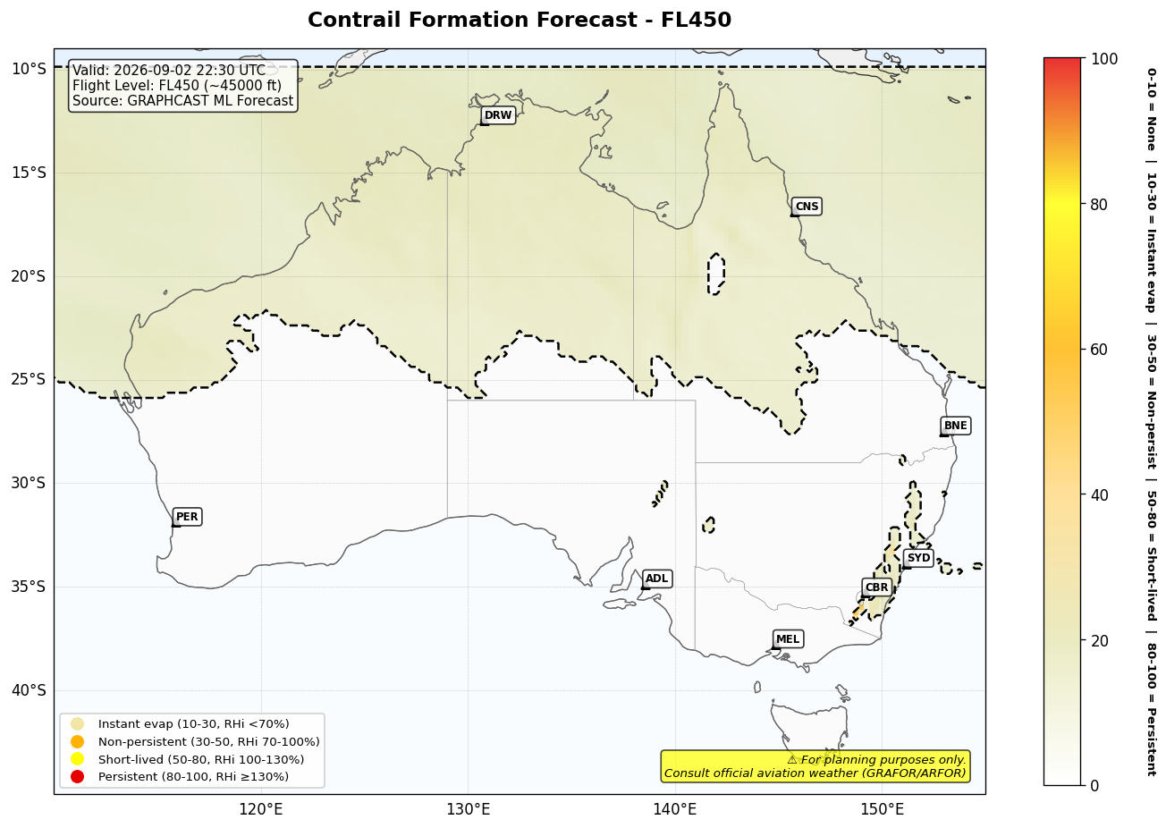 Contrail forecast for FL450 at 2026-09-02 22:30 UTC