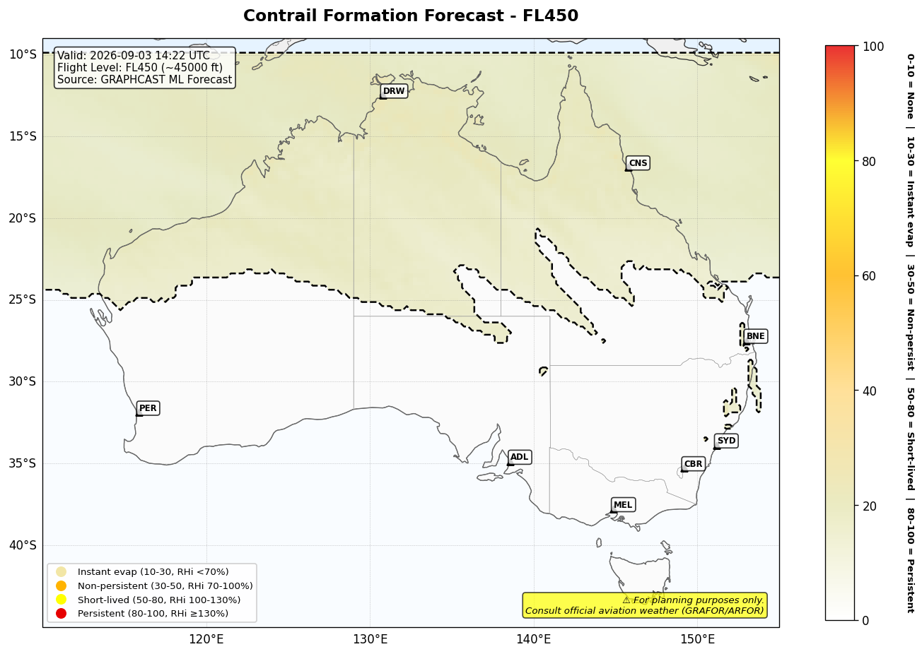 Contrail forecast for FL450 at 2026-09-03 14:22 UTC