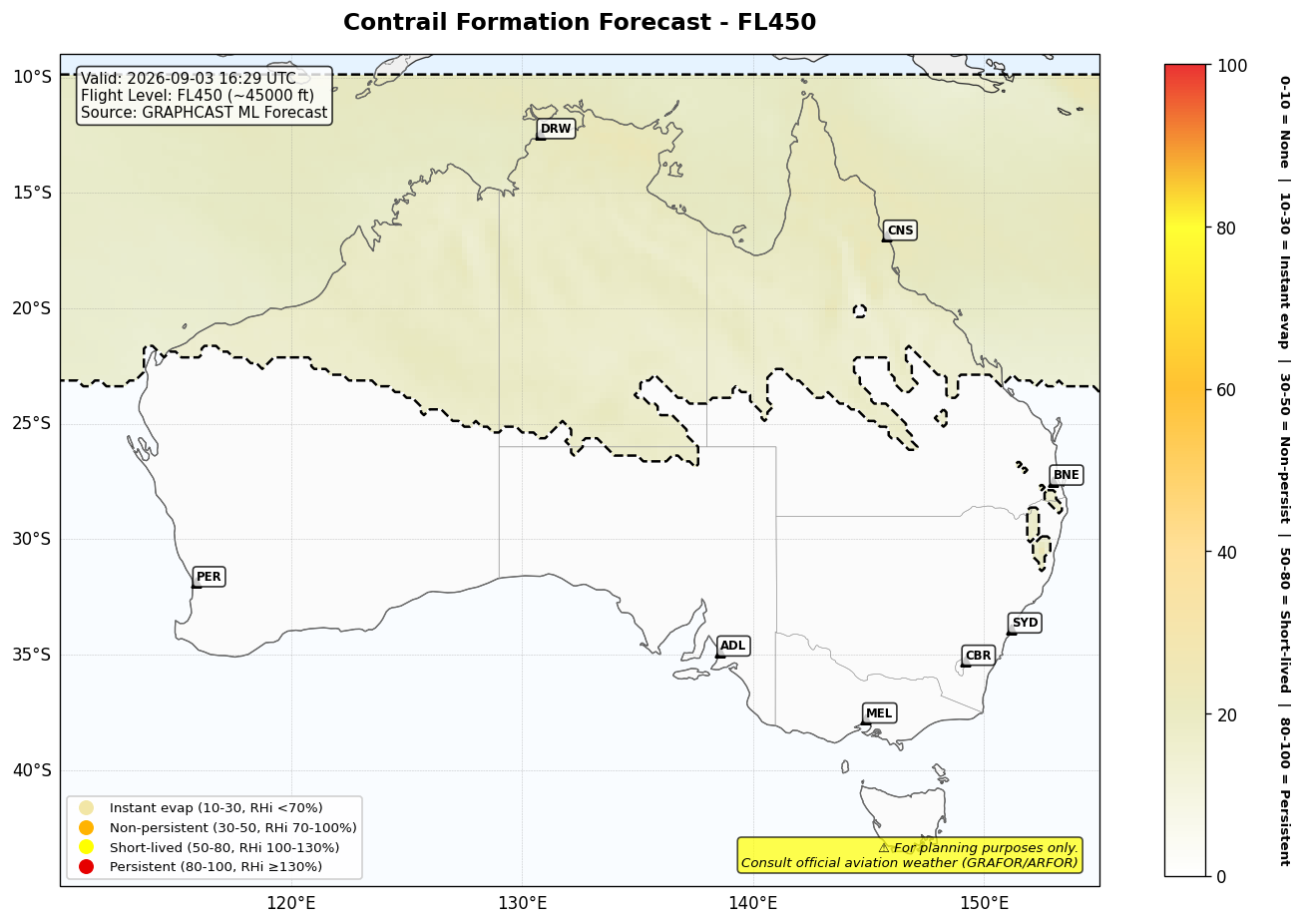 Contrail forecast for FL450 at 2026-09-03 16:29 UTC