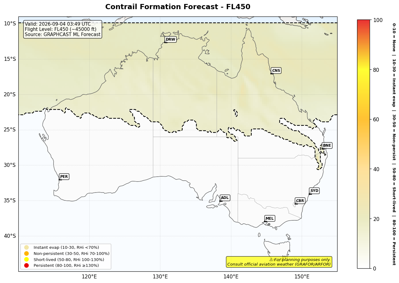 Contrail forecast for FL450 at 2026-09-04 03:49 UTC