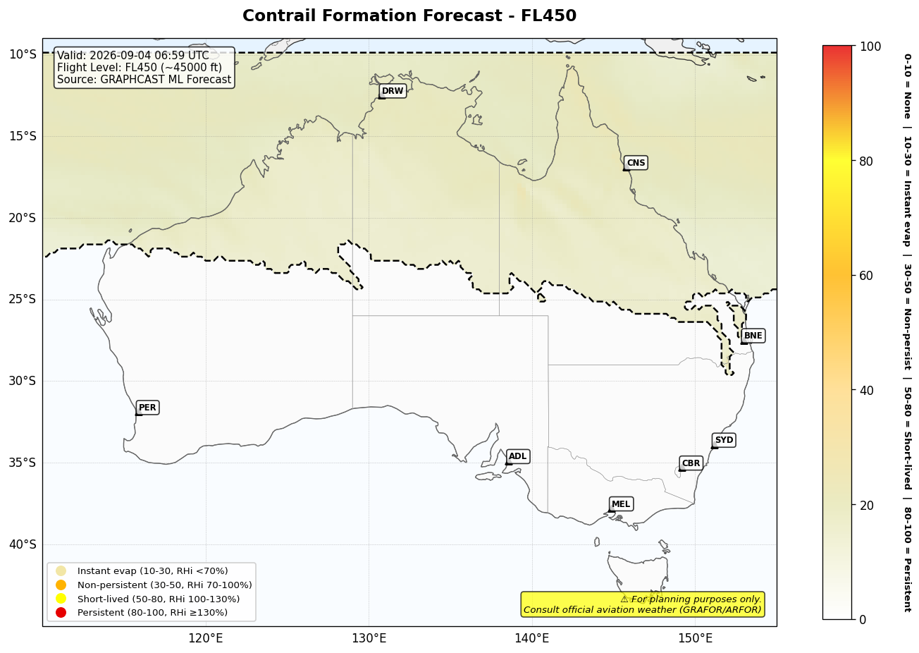 Contrail forecast for FL450 at 2026-09-04 06:59 UTC