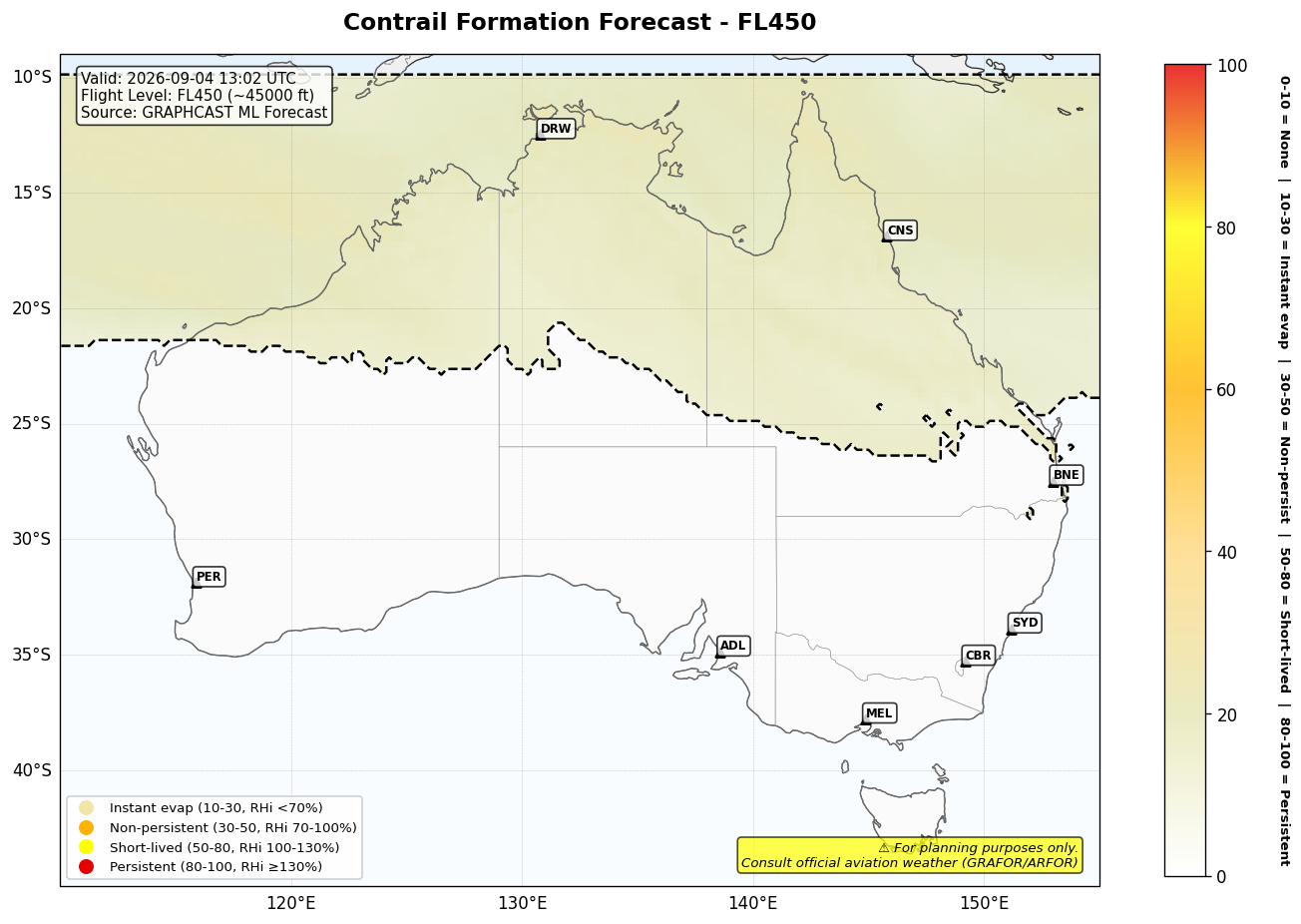 Contrail forecast for FL450 at 2026-09-04 13:02 UTC